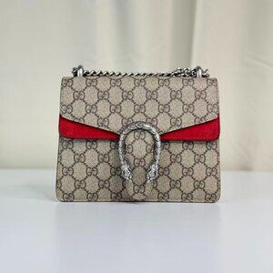 Gucci GG Logo Supreme Small Dionysus Shoulder Bag with Red Accents & Chain Strap
